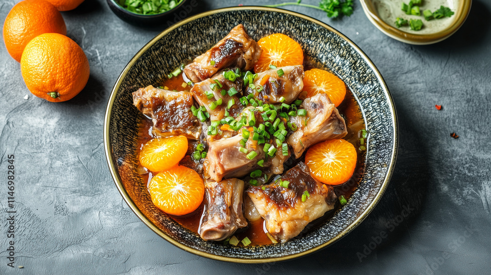 Pig's feet, Mandarin oranges, and eggplant fish dish
Pig's feet, Mandarin oranges, and eggplant fish dish