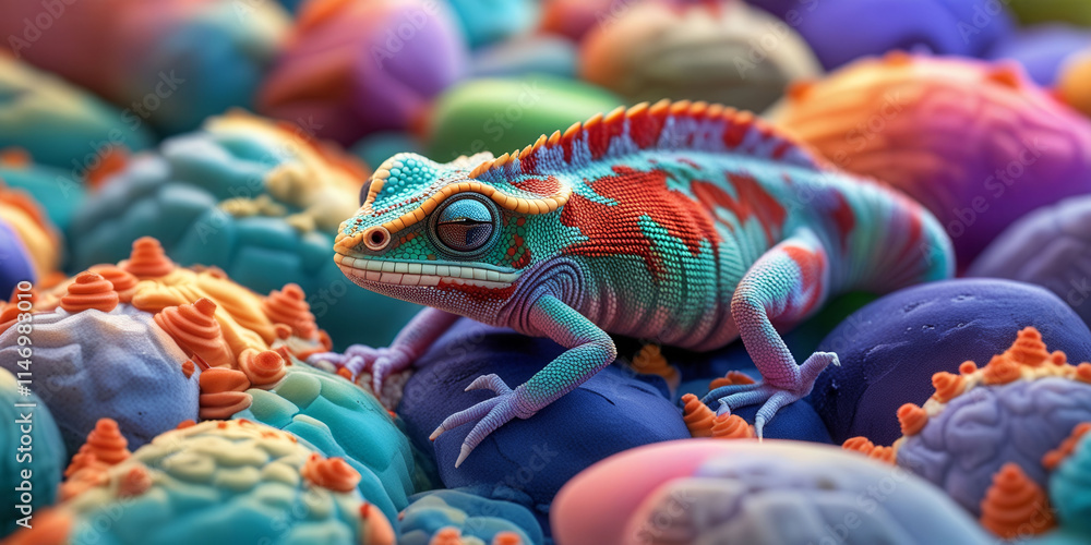 A colorful lizard is laying on a keyboard. The lizard is green and red with a yellow eye. The keyboard is colorful and has a variety of shapes and sizes. The image has a playful and whimsical mood A colorful lizard is laying on a keyboard. The lizard is green and red with a yellow eye. The keyboard is colorful and has a variety of shapes and sizes. The image has a playful and whimsical mood