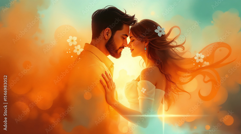 Romantic couple embracing with vibrant orange and teal background Romantic couple embracing with vibrant orange and teal background