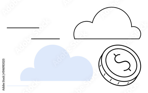 Two clouds and a coin with a dollar sign. Ideal for cloud computing, finance, digital transactions, fintech, online services, virtual storage, and technology innovation. Line metaphor