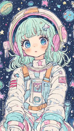 Cute anime astronaut girl exploring the universe