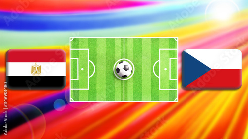 Egypt and Czechia flag on soccer field with ball.Football match concept against multicolored abstract background.Copy space for text.