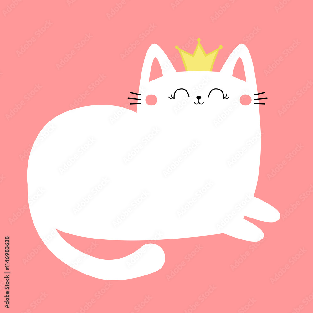 White laying cat girl. Cute face head. White kitten princess golden crown. Happy Valentines Day. Cartoon kitty character. Kawaii animal in love. Love Greeting card. Flat design. Pink background Vector White laying cat girl. Cute face head. White kitten princess golden crown. Happy Valentines Day. Cartoon kitty character. Kawaii animal in love. Love Greeting card. Flat design. Pink background Vector