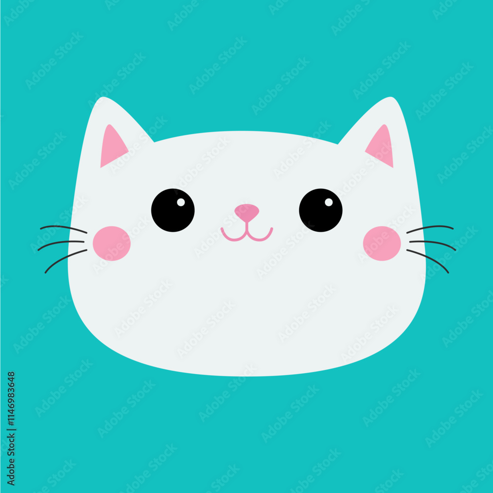 Obraz premium Cute cat round face head icon. White kitten girl. Cute cartoon kawaii funny kitty character. Animal in love. Happy Valentines Day. Love Greeting card. Flat design. Blue background. Vector illustration