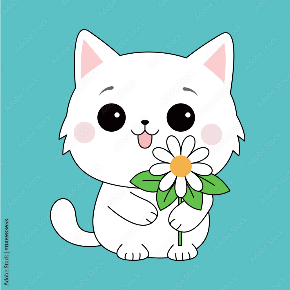 Cat kitten holding daisy chamomile flower. Funny face head. Contour line hand drawn doodle. Cartoon kawaii baby character. Sticker print. Childish style. Flat design. Blue background. Isolated. Vector
