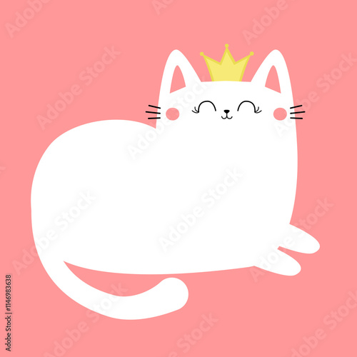 White laying cat girl. Cute face head. White kitten princess golden crown. Happy Valentines Day. Cartoon kitty character. Kawaii animal in love. Love Greeting card. Flat design. Pink background Vector