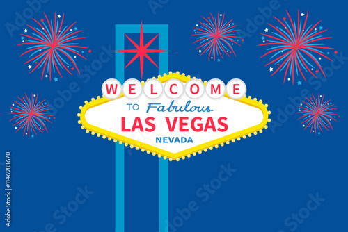 Welcome to fabulous Las Vegas sign icon at night. Classic retro symbol. Nevada sight showplace. Fireworks night sky. Template for greeting card, banner, poster. Flat design. Blue background. Vector