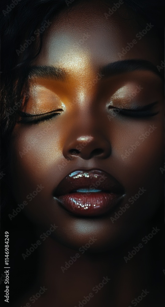 Portrait capturing the serene beauty of a young woman with closed eyes and striking red lips in soft lighting Portrait capturing the serene beauty of a young woman with closed eyes and striking red lips in soft lighting