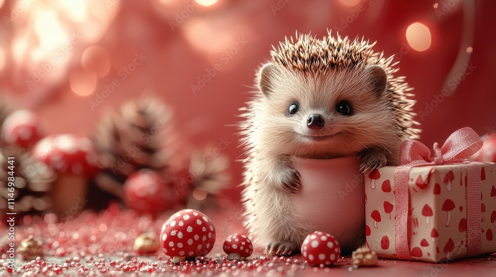 Adorable brown hedgehog wearing a light pink T-shirt holding a red mushroom, next to a gift box with red mushroom pattern and pink ribbon on a red background Adorable brown hedgehog wearing a light pink T-shirt holding a red mushroom, next to a gift box with red mushroom pattern and pink ribbon on a red background