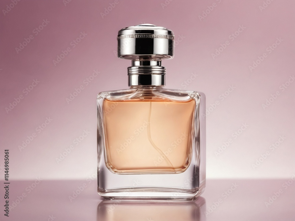 Perfume bottle with a metallic cap, against a soft gradient background Perfume bottle with a metallic cap, against a soft gradient background