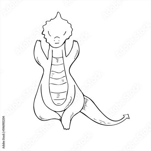 Graphic monochrome dragon meditating and practicing Vrikshasana ink illustration in black and white. Animal doing yoga exercises simple line art. Tree pose, Vrksasana, Vriksasana. For yoga center