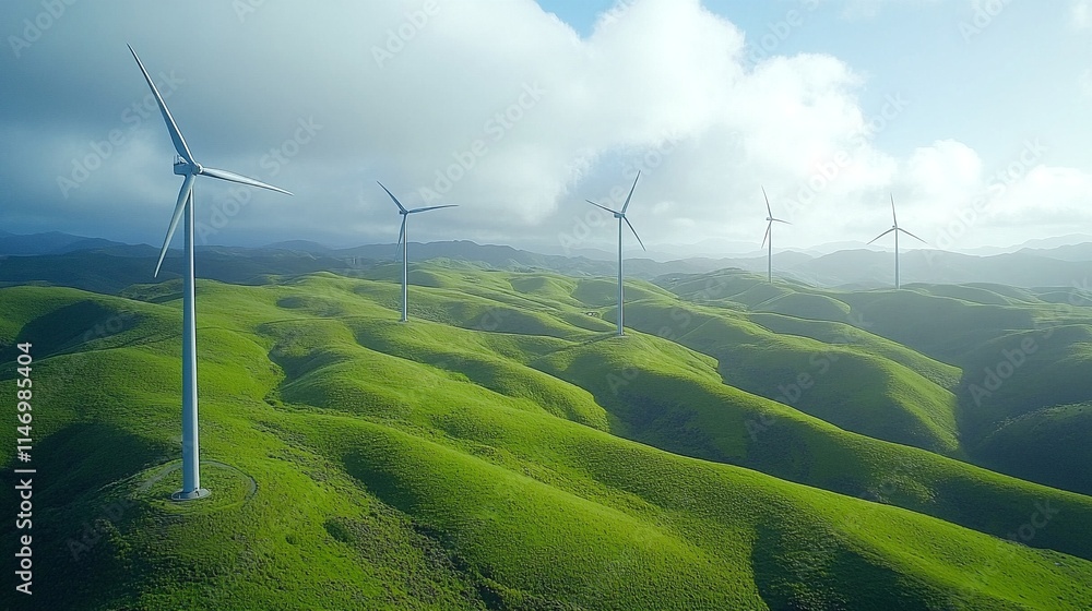 A wind farm with several wind turbines standing tall on rolling hills under a cloudy sky.