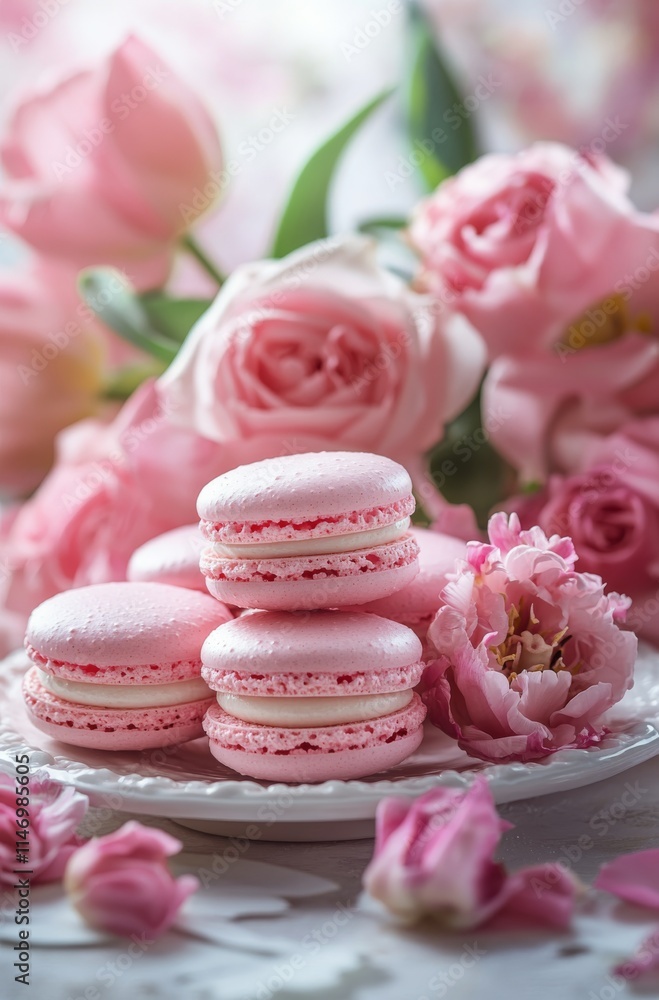 Delicate pink macarons displayed elegantly alongside fresh flowers near a sunlit window in a cozy setting Delicate pink macarons displayed elegantly alongside fresh flowers near a sunlit window in a cozy setting