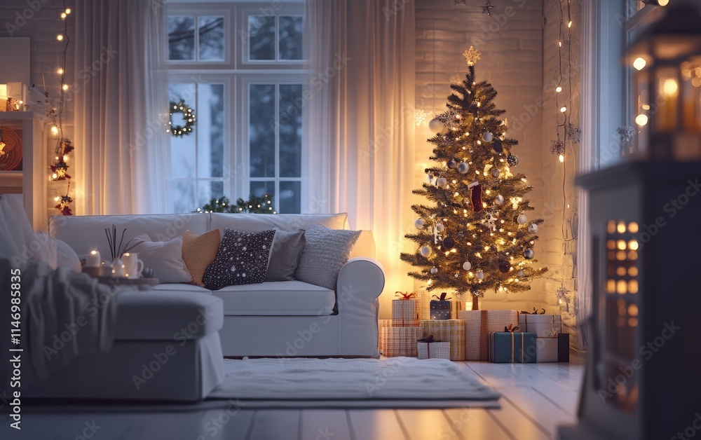 Scandinavian holiday charm: A bright and airy Nordic-style living room with white furniture, a lit-up Christmas tree, and subtle string lights enhancing the festive mood Scandinavian holiday charm: A bright and airy Nordic-style living room with white furniture, a lit-up Christmas tree, and subtle string lights enhancing the festive mood