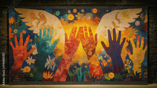 Colorful Tapestry of Intertwined Hands Reaching Upwards Under Wings and Flowers