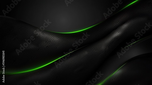 Abstract Black Carbon Fiber Green Neon Wave Background