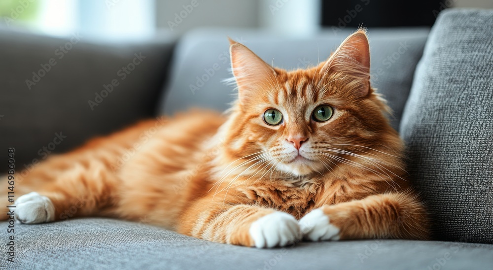 Relaxed orange tabby cat lounging on a cozy couch in a comfortable living room during the afternoon Relaxed orange tabby cat lounging on a cozy couch in a comfortable living room during the afternoon