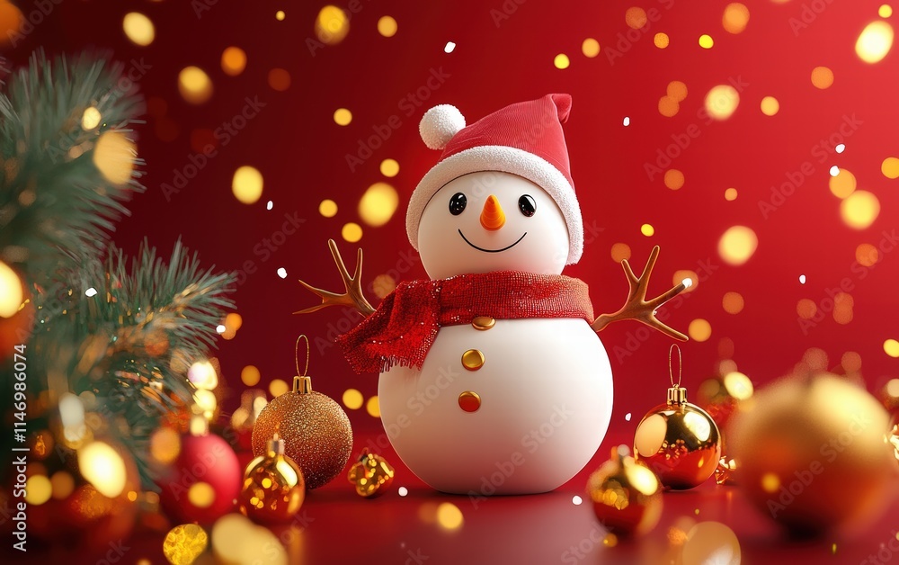 Fototapeta premium 3D cute Snowman on bright christmas background