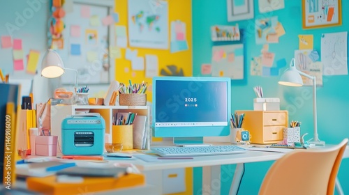 Wallpaper Mural Bright and Colorful Desk Setup Featuring Motivational Elements and Organized Workspace for Productivity Torontodigital.ca