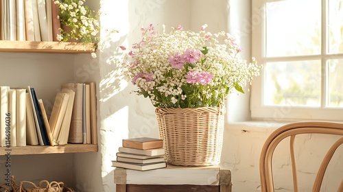 Stylish bright home interior featuring white mock up frame retro chair wooden shelf books rattan basket flowers in elegant vase