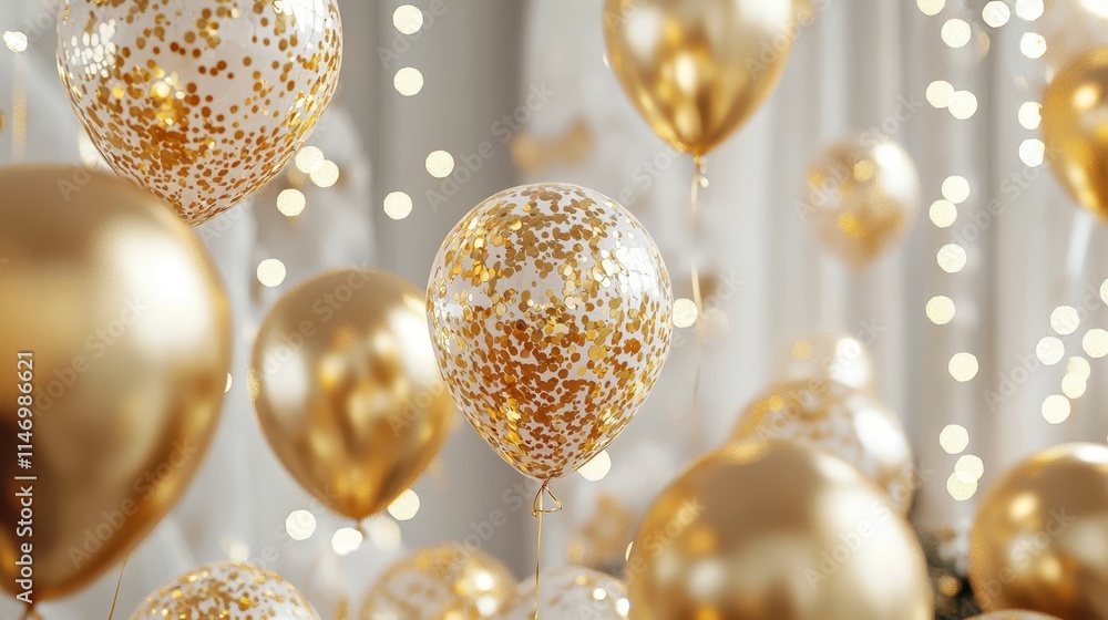 Elegant Festive Party Scene with Gold Balloons and Decorative Elements for Celebrations and Events Elegant Festive Party Scene with Gold Balloons and Decorative Elements for Celebrations and Events
