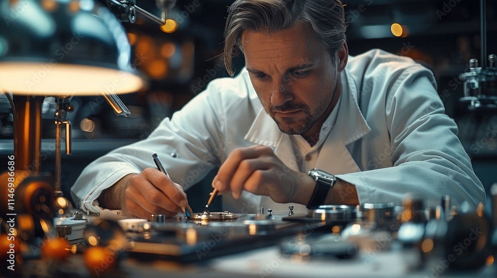 A professional man sitting at a desk repairing a watch. A professional man sitting at a desk repairing a watch.