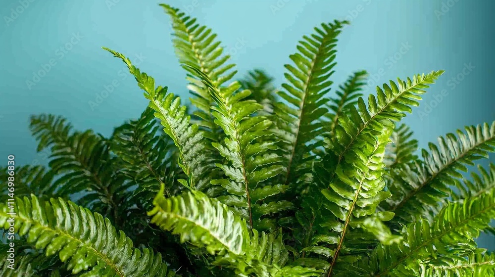 A close-up of a lush green fern plant with long, slender leaves against a blue background. A close-up of a lush green fern plant with long, slender leaves against a blue background.