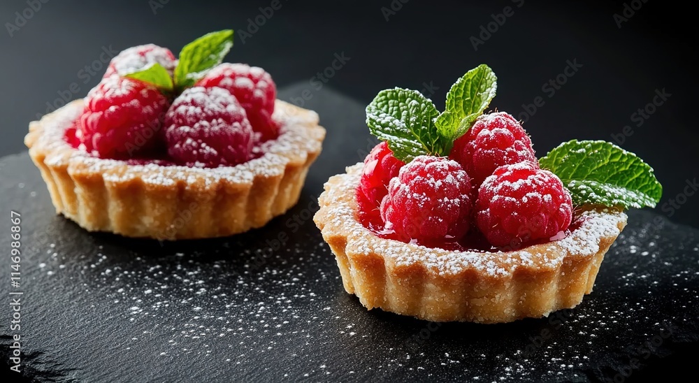 Tartlet with raspberries and mint on a black slate background Tartlet with raspberries and mint on a black slate background