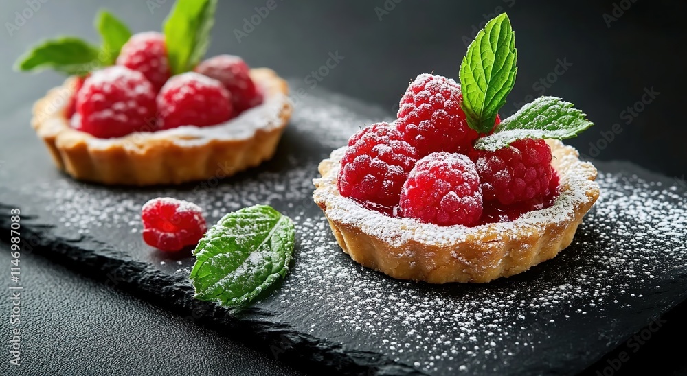 Tartlet with raspberries and mint on a black slate background Tartlet with raspberries and mint on a black slate background