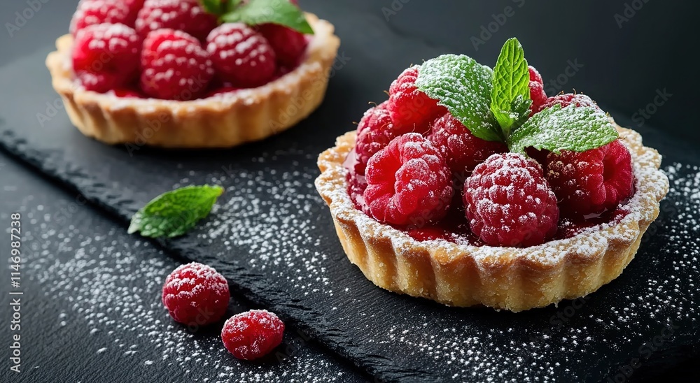 Tartlet with raspberries and mint on a black slate background Tartlet with raspberries and mint on a black slate background