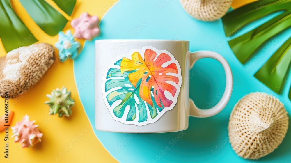 Tropical Leaf Sticker on Ceramic Mug for Vibrant Summer Decor Design Tropical Leaf Sticker on Ceramic Mug for Vibrant Summer Decor Design