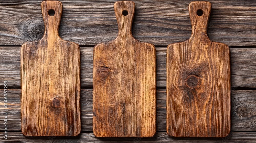 three wooden cutting boards with handles on top of weathered gray wood planks.