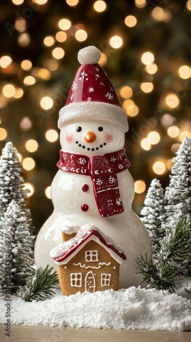 A magical winter landscape with a Christmas tree lit by fairy lights, a snowman wearing a red hat, a gingerbread house, and festive holiday decorations. photo