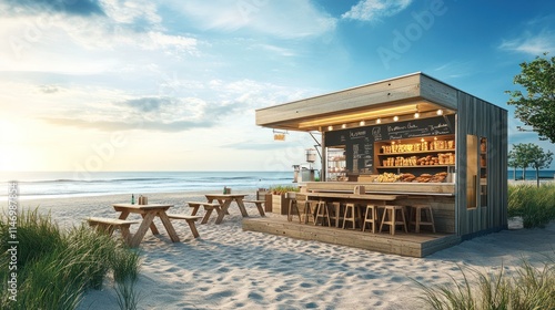 Fototapeta Naklejka Na Ścianę i Meble -  Beachfront cafe kiosk with picnic tables at sunset.