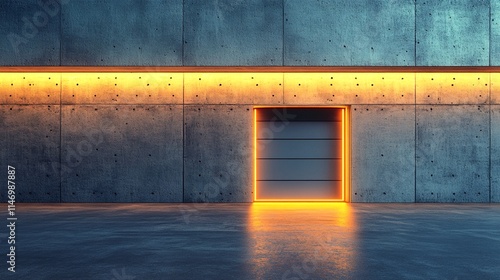 A large concrete wall with a lit-up garage door in the middle of an empty room. photo