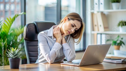 woman working in office suffers from neck pain and holds her neck 