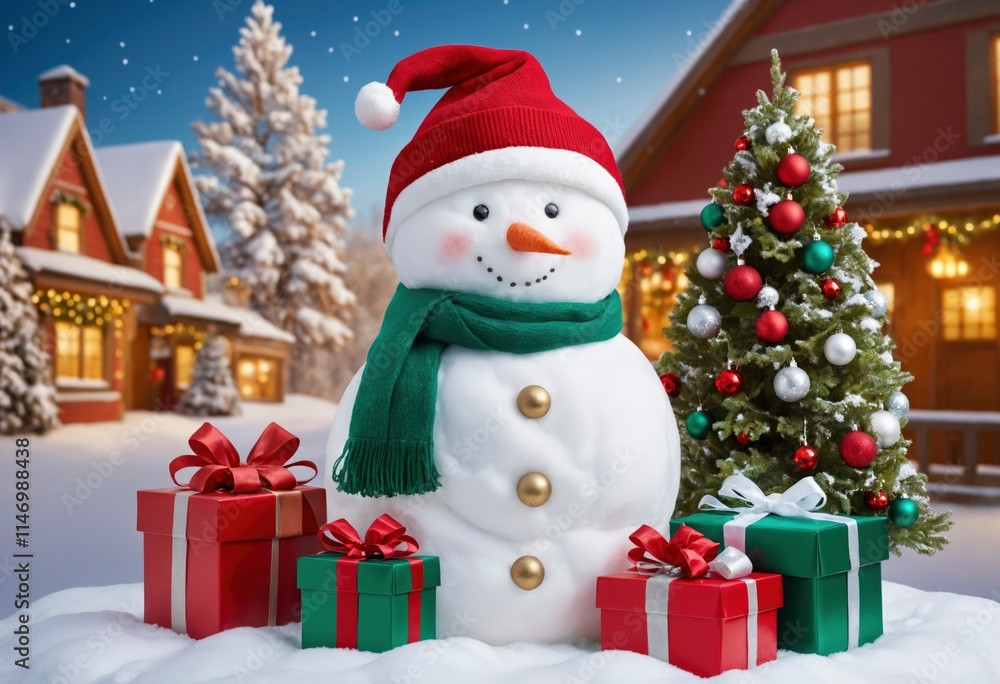 A snowman with a red hat and green scarf, surrounded by Christmas presents in front of his house. The background features snowy trees and houses decorated for the holiday season A snowman with a red hat and green scarf, surrounded by Christmas presents in front of his house. The background features snowy trees and houses decorated for the holiday season