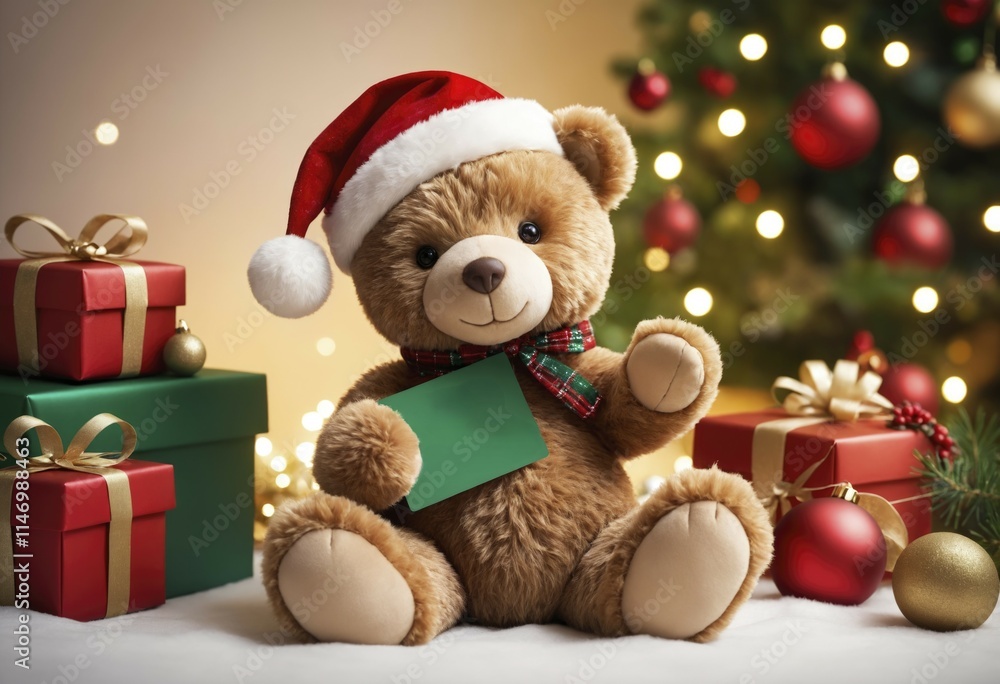A teddy bear with a scarf sitting on white fur, surrounded by Christmas gifts and candles. The background features a decorated tree in the distance A teddy bear with a scarf sitting on white fur, surrounded by Christmas gifts and candles. The background features a decorated tree in the distance