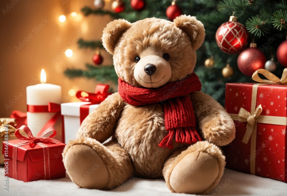 A teddy bear with a scarf sitting on white fur, surrounded by Christmas gifts and candles. The background features a decorated tree in the distance A teddy bear with a scarf sitting on white fur, surrounded by Christmas gifts and candles. The background features a decorated tree in the distance
