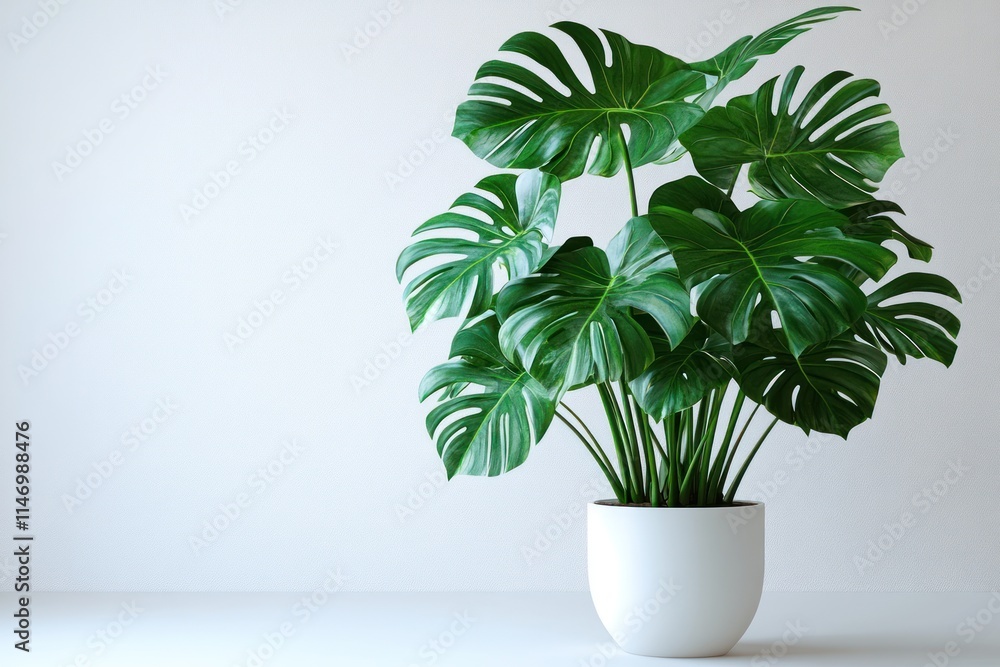 Lush green Monstera deliciosa plant in a white pot against a minimalist white wall. Lush green Monstera deliciosa plant in a white pot against a minimalist white wall.
