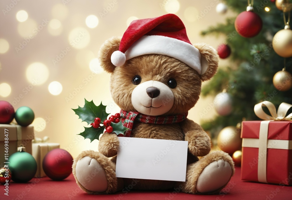 A teddy bear with a scarf sitting on white fur, surrounded by Christmas gifts and candles. The background features a decorated tree in the distance A teddy bear with a scarf sitting on white fur, surrounded by Christmas gifts and candles. The background features a decorated tree in the distance