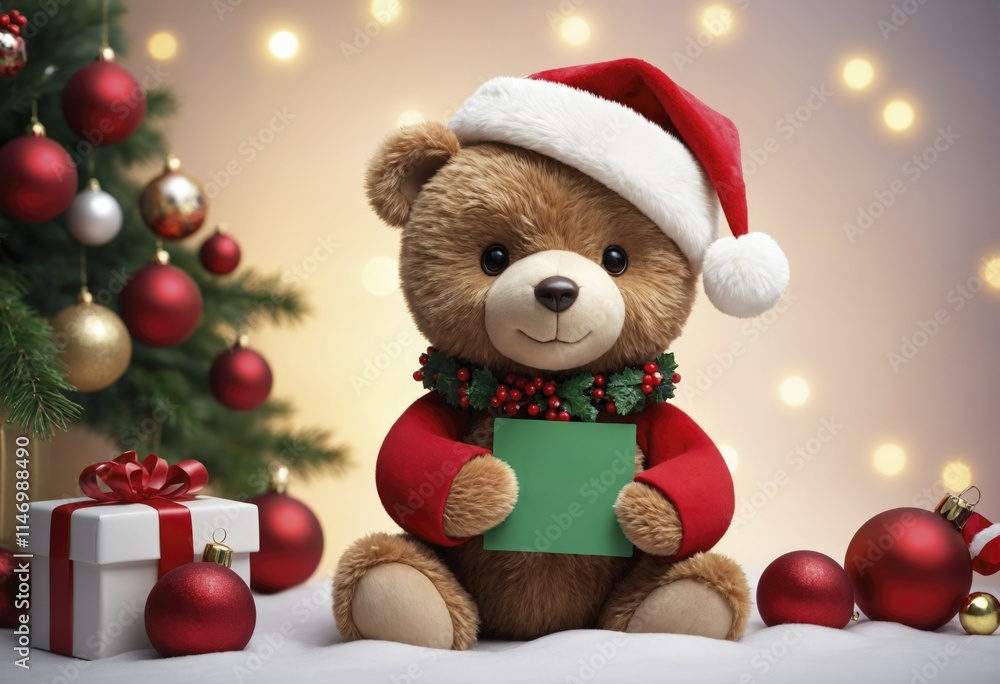 A teddy bear with a scarf sitting on white fur, surrounded by Christmas gifts and candles. The background features a decorated tree in the distance A teddy bear with a scarf sitting on white fur, surrounded by Christmas gifts and candles. The background features a decorated tree in the distance