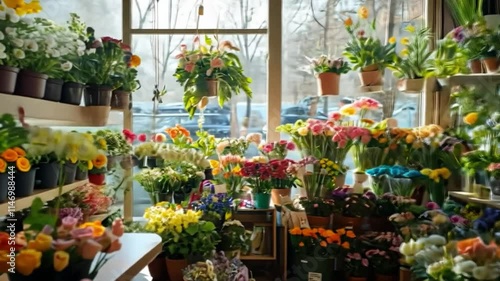 Wallpaper Mural This beautiful flower shop showcases a variety of fresh flowers. Sunlight brightens the space, creating a warm atmosphere. A perfect spot for floral inspiration. Generative AI Torontodigital.ca
