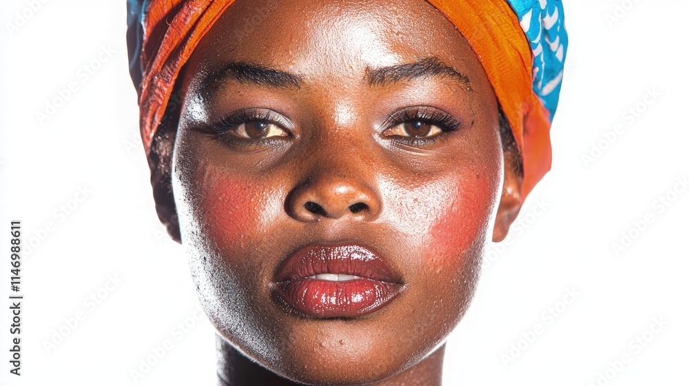 Naklejka premium Close-up portrait of a young Black woman wearing a vibrant orange and blue headwrap.
