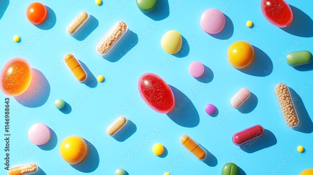 jelly beans and various pills on a blue background. jelly beans and various pills on a blue background.