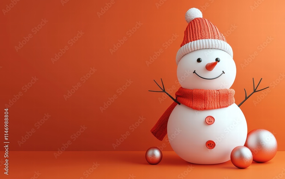 3D cute Snowman on bright orang background