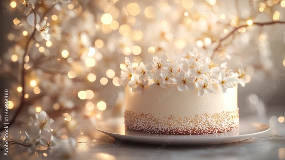 Elegant white cake decorated with white flowers and fairy lights. Elegant white cake decorated with white flowers and fairy lights.