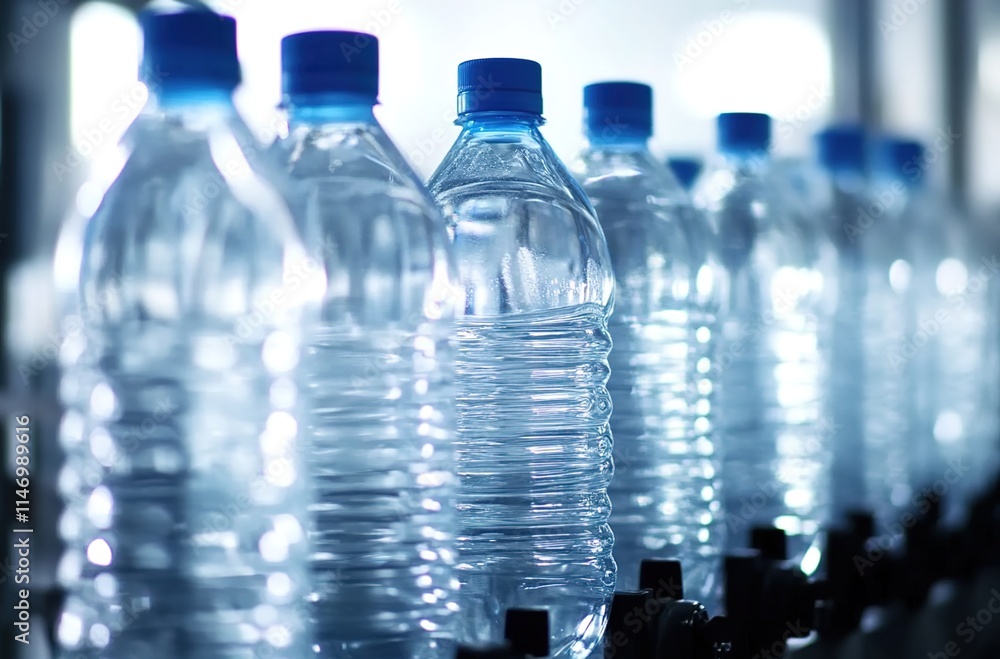 The photo shows plastic water bottles on the production line of an industrial packaging machine in close-up. The photo shows plastic water bottles on the production line of an industrial packaging machine in close-up.