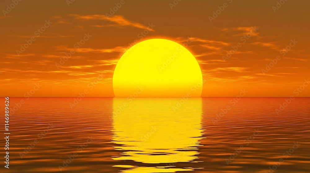 Golden sun setting over tranquil ocean horizon with vivid reflections on water in Maldives Golden sun setting over tranquil ocean horizon with vivid reflections on water in Maldives