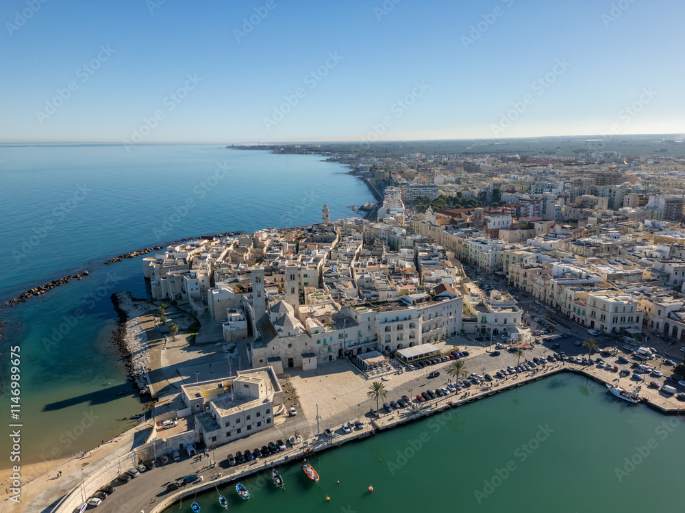 Fototapeta premium Aerial drone view of the coastal town of Molfetta in Puglia, southern Italy.